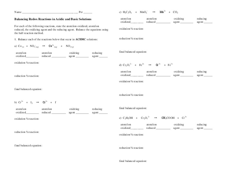 Oxidation and reduction reactions worksheet