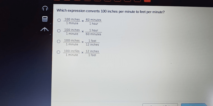 Which expression converts 100 inches per minute